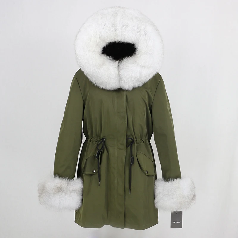 green white OFTBUY, длинная парка, натуральный Лисий мех, воротник, капюшон, манжеты, зимняя куртка, для женщин, натуральный мех, пальто, толстая, теплая, водонепроницаемая, верхняя одежда, съемная - Цвет: green white