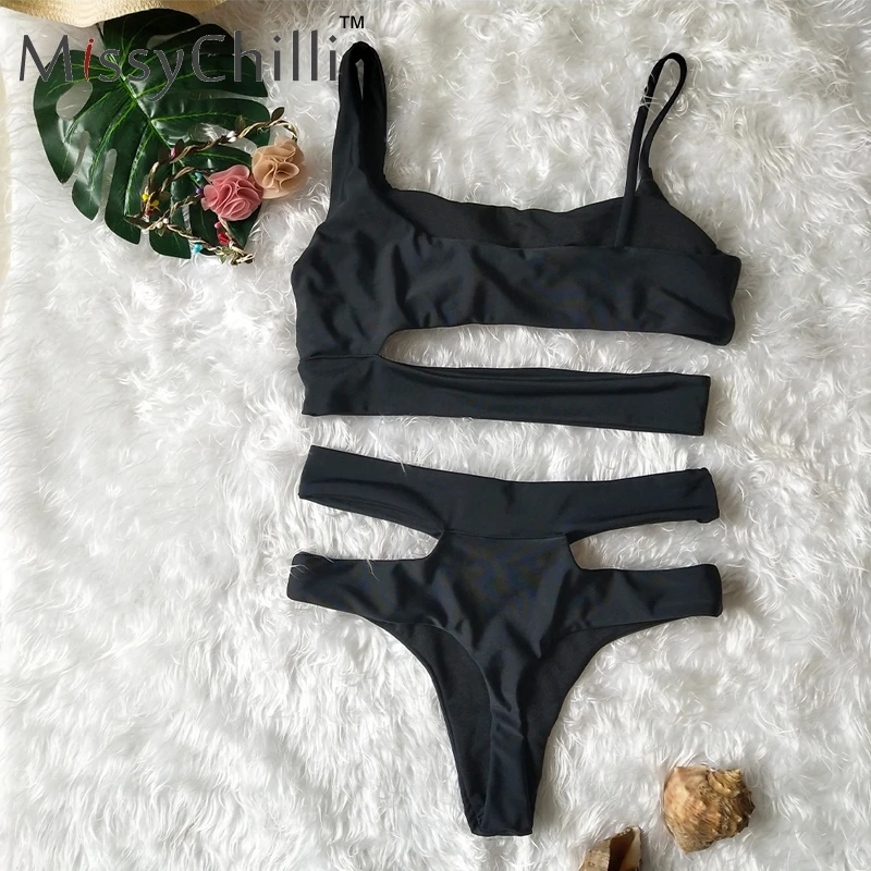 MissyChilli Black sexy one shoulder bodysuit Women high waist bodycon romper Female summer cut swimwear | Женская одежда