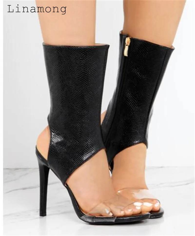 

2018 Newest Fashion Sexy Women thin heel High heel Boots combination of unique leather and transparent materials reflection