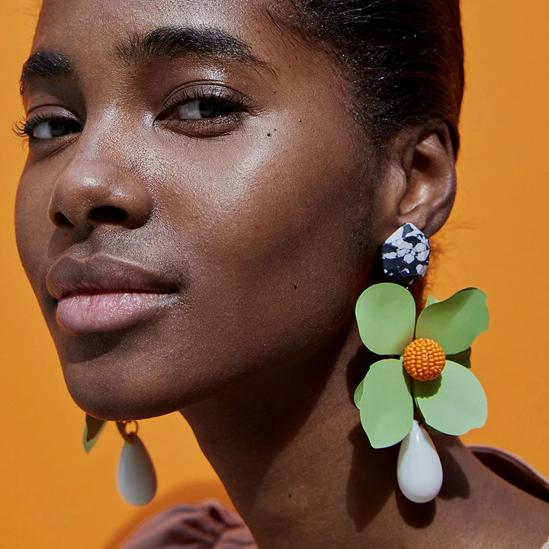 Зеленый цветок себе Длинные Висячие серьги для Для женщин Мода Pendientes большой