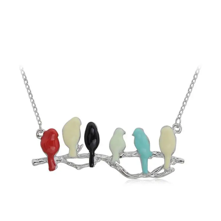 Красочные эмалированные птицы Ожерелье-подвеска животное металлическая ветка