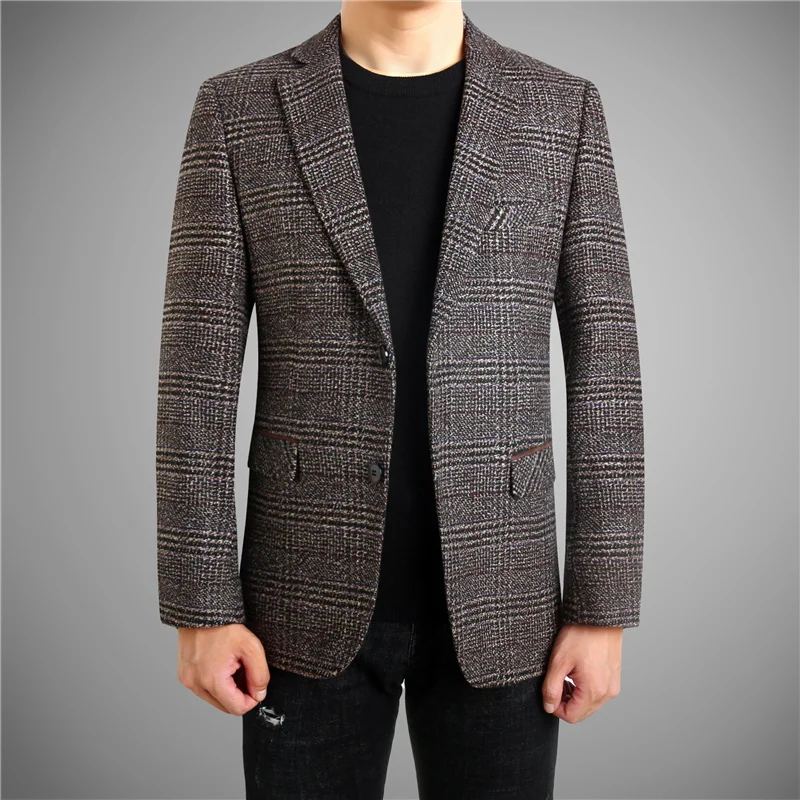 

Mens Plaid Blazer Jacket Khaki 2019 New Winter Thick Woolen Blazer Men American Fashion Coats Slim Fit Recommend M-4XL 2820