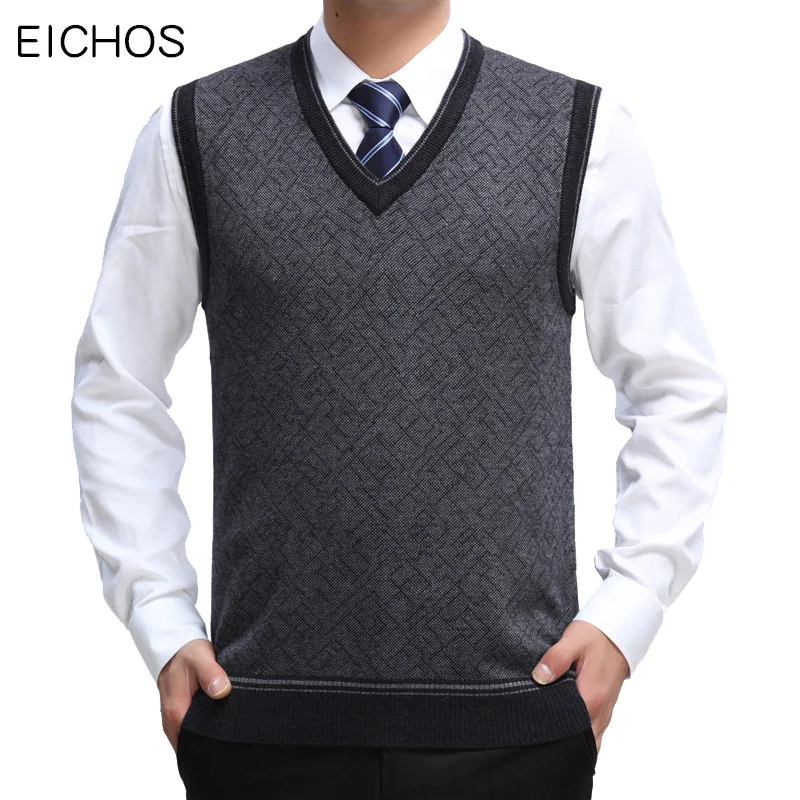 

EICHOS Mens Sleeveless Pullover V Neck Business Casual Sweater Vest Men Computer Jacquard Cotton Male Sweater Vest