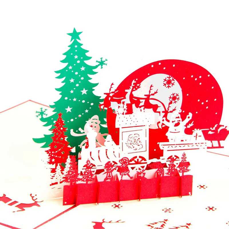 

Free shipping 30pcs Wholesale Creative Laser Cut 3D Santa Claus trailer Postcard blessing Gift Invitations Greeting Card