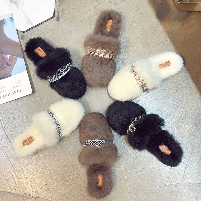 Weweya Plush Fur Home Slippers Women Indoor Shoes Crystal Flip Flops Woman Slides Mule Rhinstone Retro | Обувь