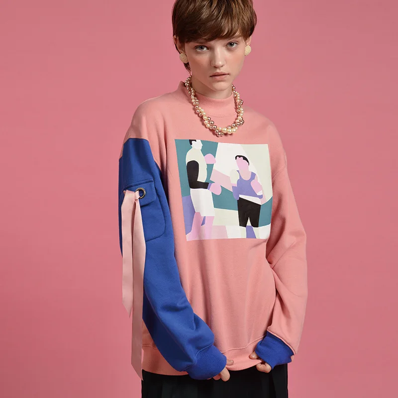 Оригинальный дизайн новинка весны 2019 Женский пуловер свитшот с круглым вырезом