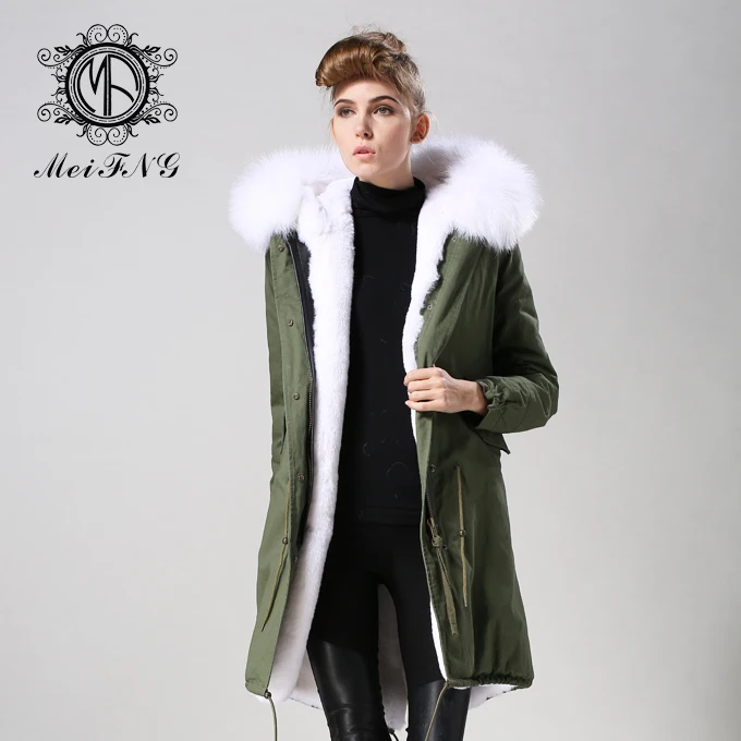 

Free shipping ladies luxury long style parka with white faux fur lined coat army green womens warm us plus size jacket