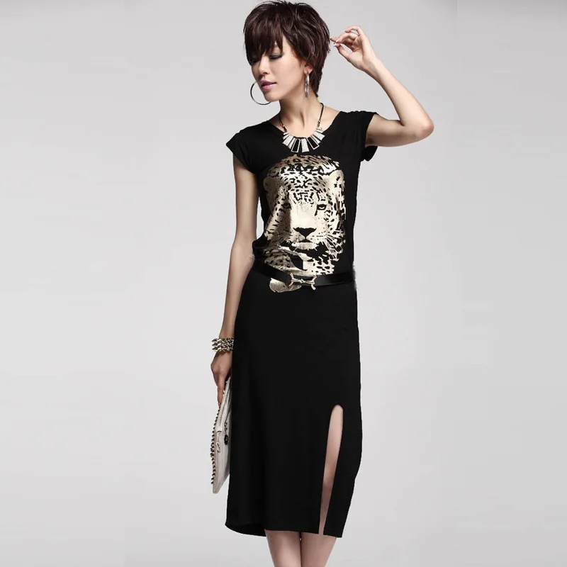 free shipping Women Spring 2014 Summer Black print golden leopard cotton Women's mid-calf Sexy long party Casual Dress Vestidos | Женская