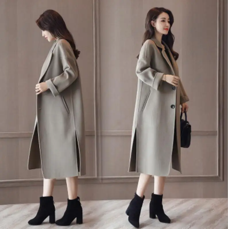 

Women's woolen coat 2019 autumn winter in long slim lapels woolen coat fashion luxury side slit solid robes coat Elegant blend