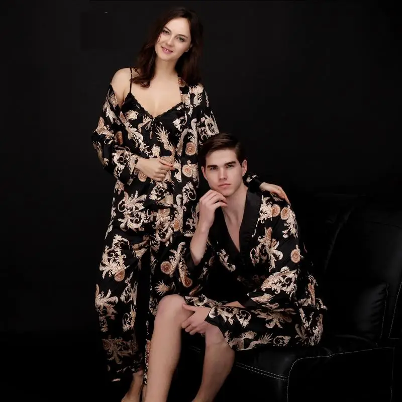 Summer thin ladies pajamas three piece pants gown Dragon Robe clothes Home Furnishing lady couple