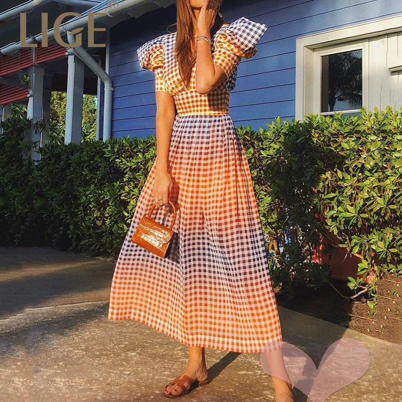 Хит цвета модное летнее платье повседневное клетчатое кружевное с короткими