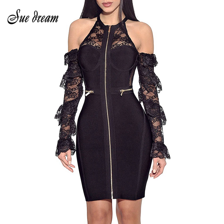Женское облегающее платье черное кружевное с длинным рукавом и О вырезом