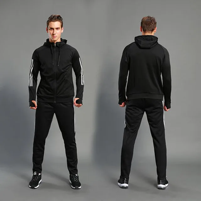 black Комплект зимней футбольной куртки для бега, спортивная одежда для мужчин, спортивная одежда с капюшоном и длинным рукавом для бега, тренировочный костюм для футбола - Цвет: black