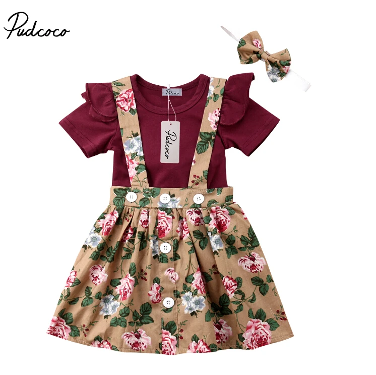 

Newborn Baby Girl Clothes Set Short Sleeve Romper Tops+Floral Bandage Skirts Overalls Headband 3PCS Outfit Summer