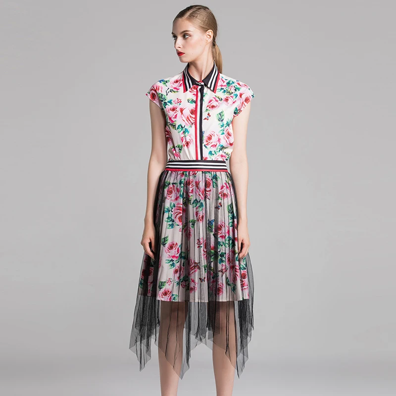2018 Autumn Pretty Rose Print Women Sets High Quality Sweet Short Sleeve Turn-down Collar Shirts +Mesh Skirts Floral Suits | Женская