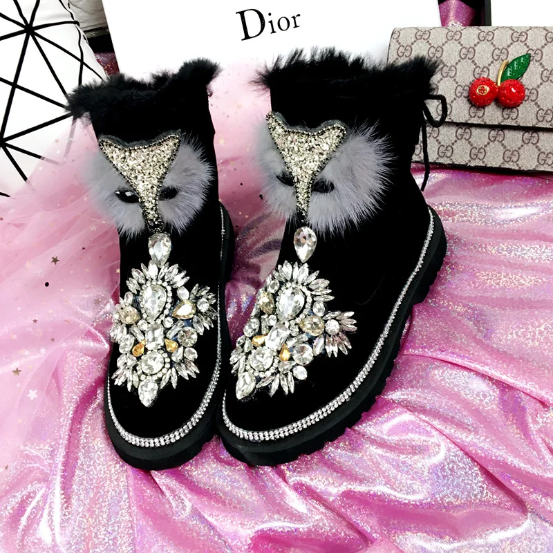 Женские ботильоны со стразами украшенные мехом лисы из натуральной кожи на