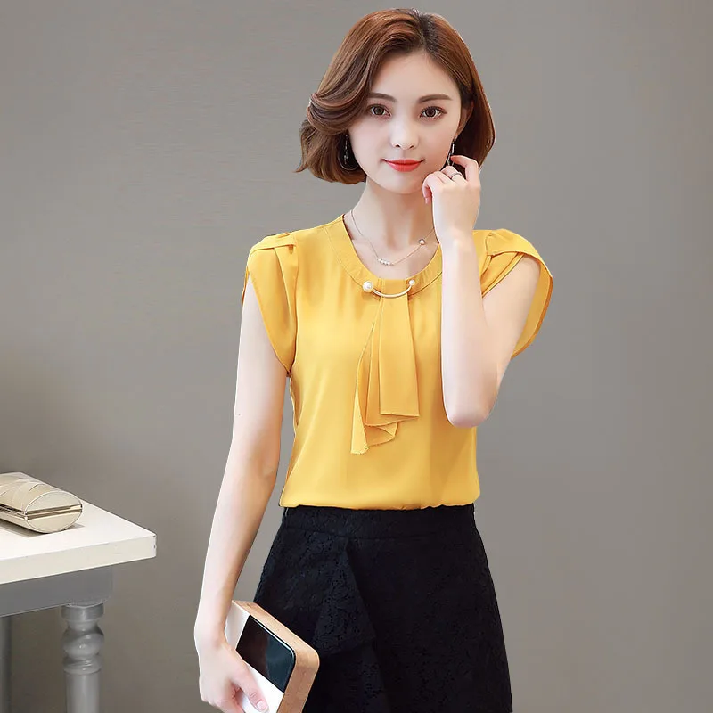 Summer Solid Chiffon Blouse Shirt Women Top Female Short Puff Sleeve Ladies Office Blusas Chemise Femme | Женская одежда
