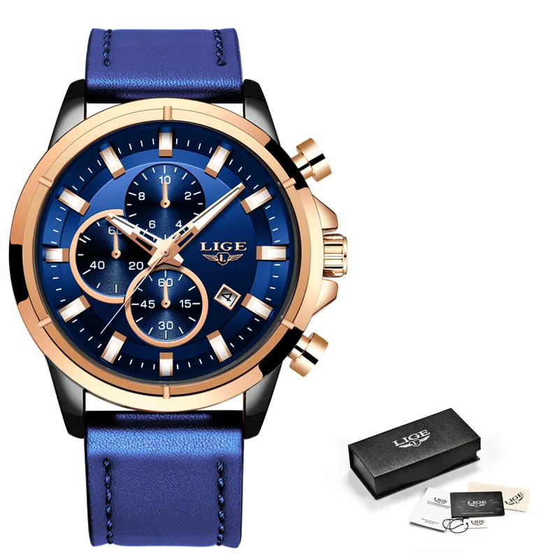 Rose gold blue Модные синие кожаные часы LIGE мужские часы Топ бренд Роскошные Кварцевые Золотые часы для мужчин водонепроницаемый хронограф Reloj Hombre - Цвет: Rose gold blue