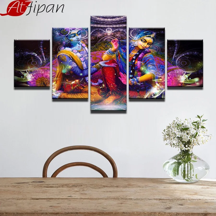 

AtFipan Wall Printed Painting Modular Poster 5 Panel Krishna Canvas Framed Art Indian For Living Room Home Decoration Artwork