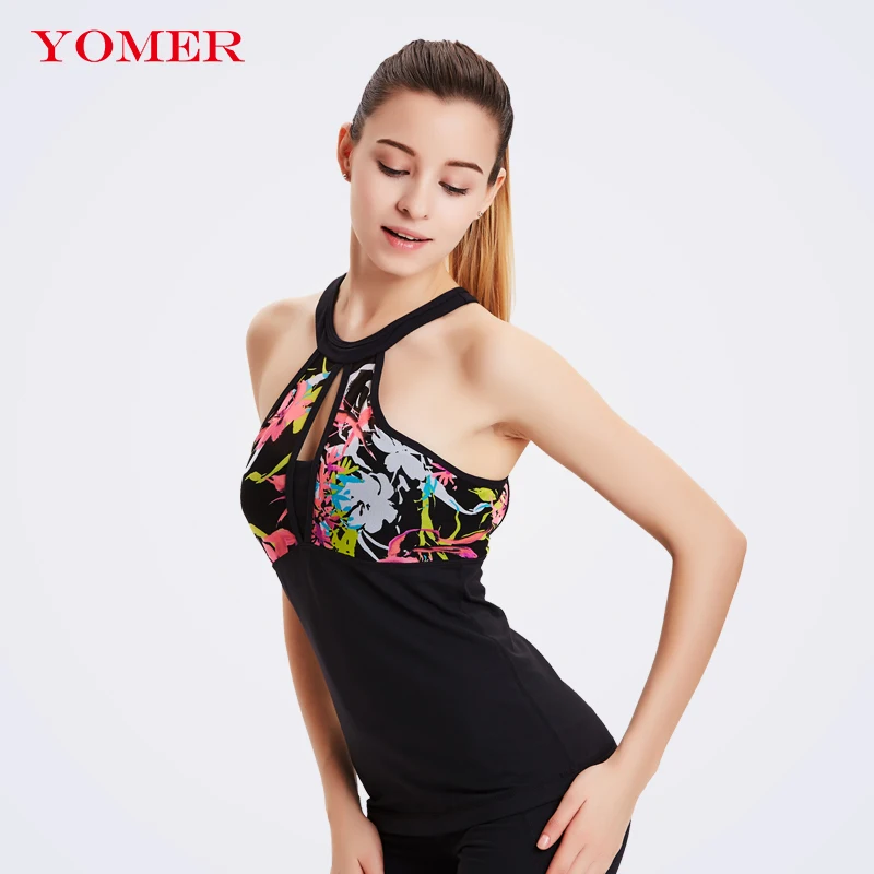 Yomer сексуальный цветок печатных Для женщин рубашка Йога Топ быстрый сухой Бег