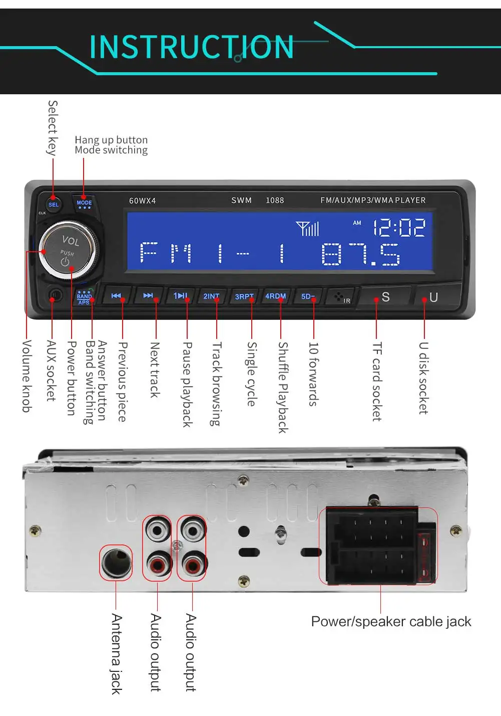 Swm Автомобильный mp3 плеер Авто радио со светодиодным дисплеем Bluetooth 4*60 Вт Aux аудио Mp3 Mp4 Mp5 навигация 12 в радио Coche стерео
