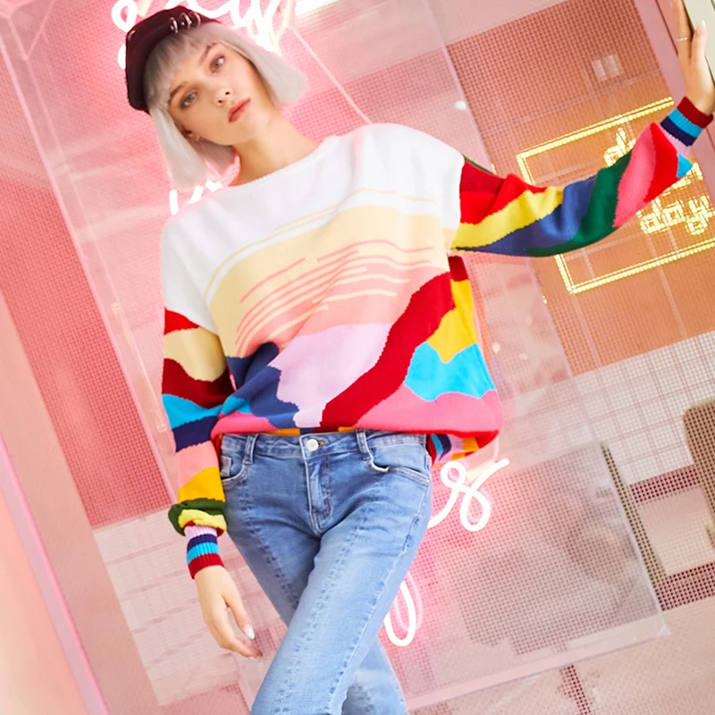 Women New vintage warm sweaters Rainbow Striped pullovers winter Spring knitted retro loose tops blusas C-078 | Женская одежда