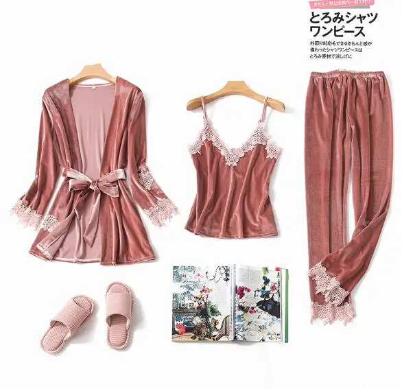 bean pink 3 pieces Fdfklak, сексуальный пижамный комплект из 3 предметов, женская зимняя Пижама, Золотая Бархатная теплая Пижама, Пижамный костюм, Женская домашняя одежда, пижама mujer - Цвет: bean pink 3 pieces