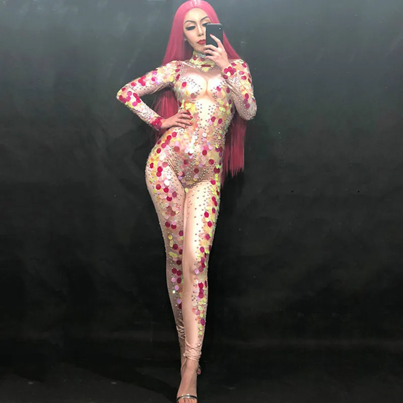 

Women Sexy Jumpsuit Sparkly Color Paillette Nightclub Birthday Party Celebrate Stage Wear Costume Rhinestone Dresses