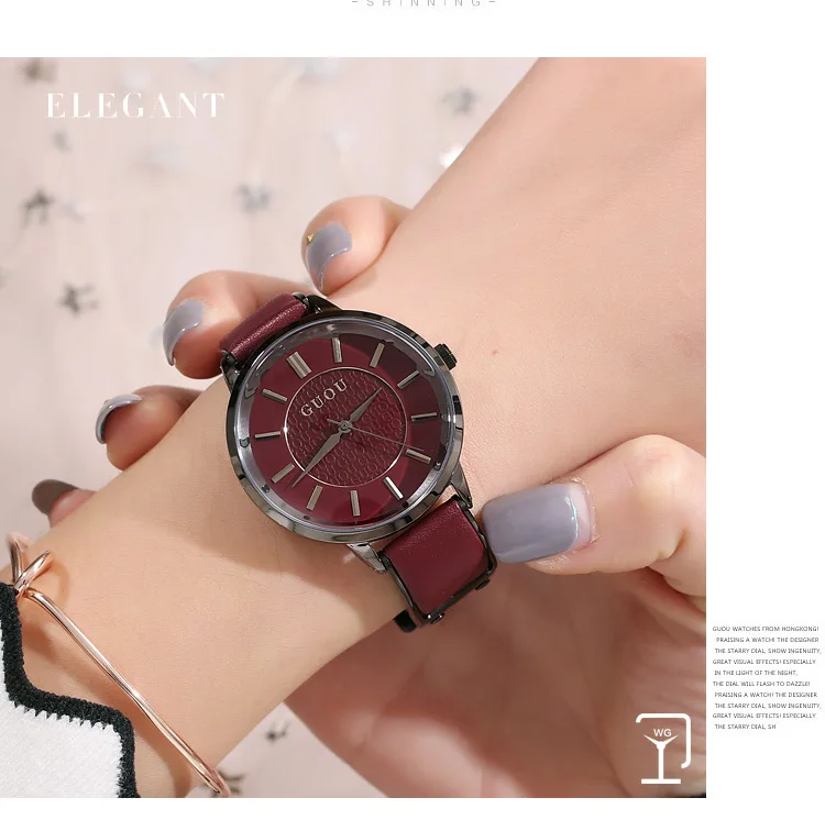 

Fashion GUOU Brand Female Genuine Leather Gift Clocks Top Quaity Woman Waterproof Luxury Student Damen Dress Simple WristWatches