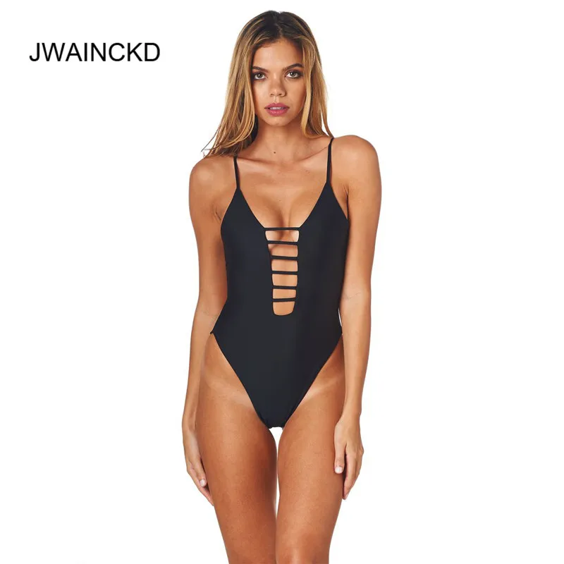 

JWAINCKD 2019 New Sexy One Piece Swimsuit Women Swimwear Female Bather Solid Black Biquini Thong Front Crochet Bandage Monokini