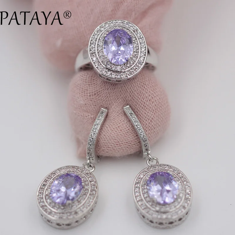 purple PATAYA модный мистический ювелирный набор из настоящего белого золота, брендовый винтажный Свадебный прекрасный натуральный циркон, Свадебный костюм, серьги, набор колец - Окраска металла: purple