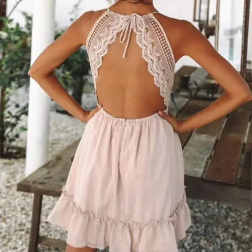 

Women Boho Dress Summer Party Beach Lace Backless Sundress Women Ladies Solid Lace Ruched Halter Sleeveless Dresses Clothing