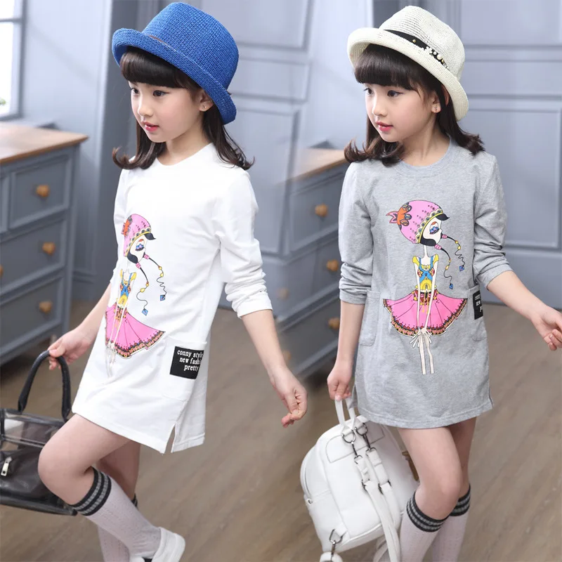 

2019 Girls Autumn Long-sleeved Bottoming T-Shirt Big Children's Long Round Neck Cartoon Casual Shirt Kids Girls Teens Tees