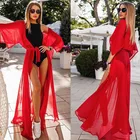 Летнее красное сексуальное пляжное длинное платье, женская накидка на бикини, шифоновый халат, саронг, купальный костюм, платье-туника