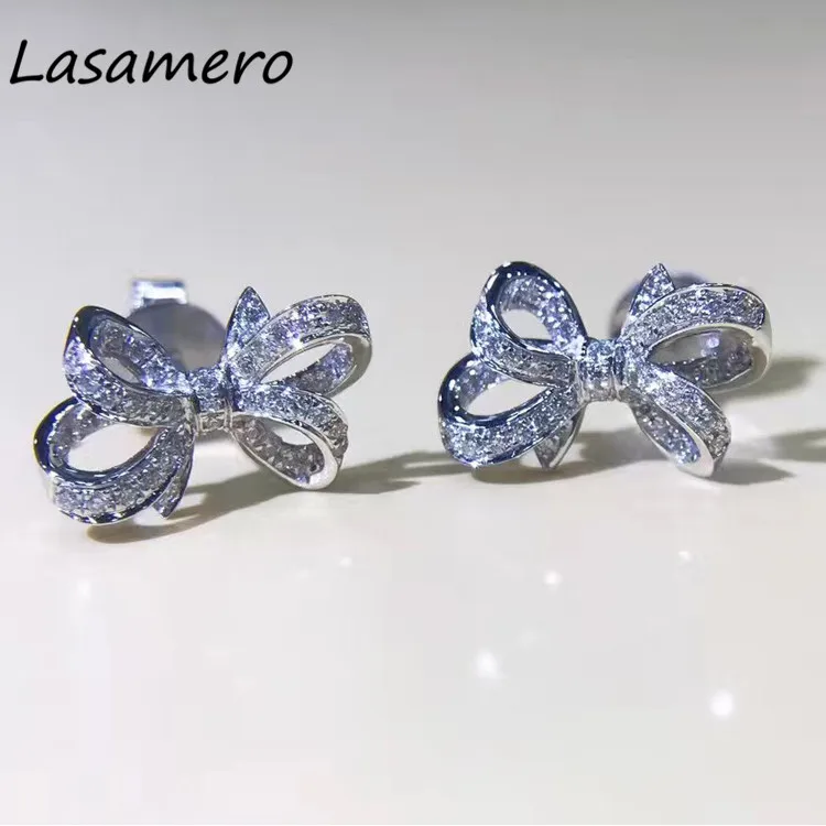 LASAMERO 0 132 CTW цветок натуральный алмаз лук серьги 18K белое золото бриллиант гвоздики