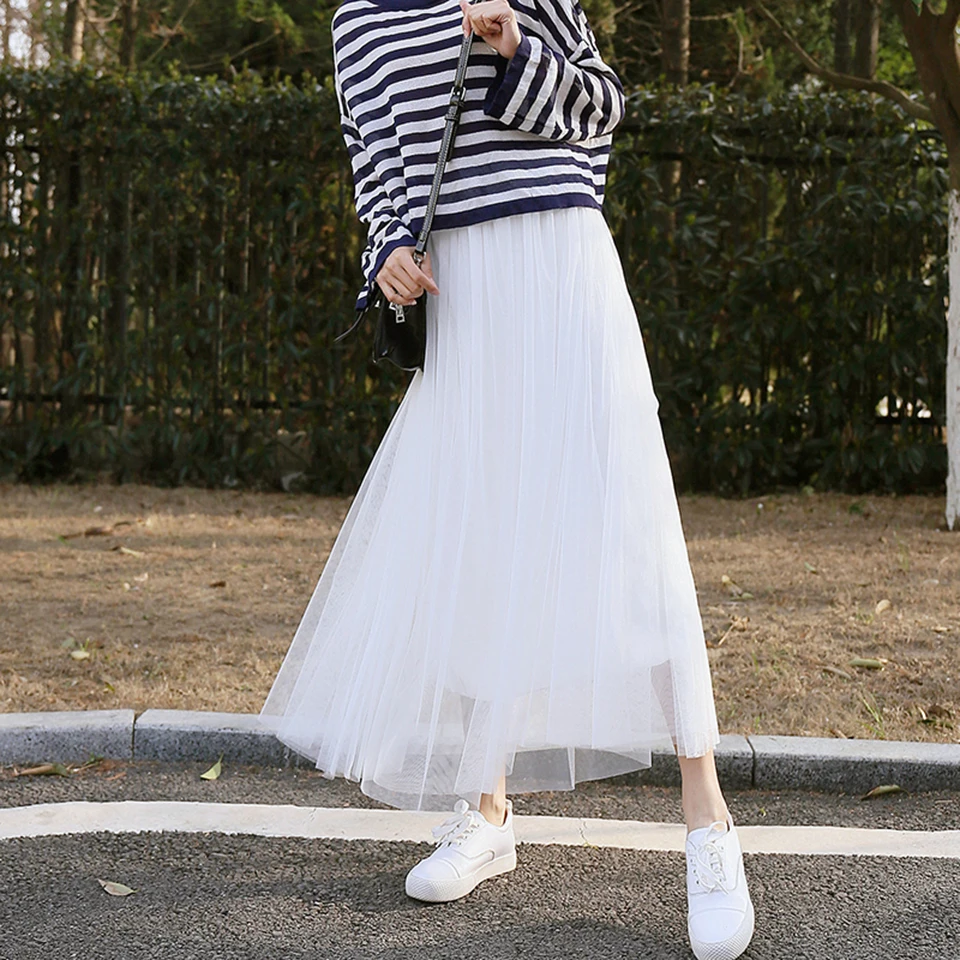 Для женщин Тюль Обычная плиссированная юбка 2019 Новая мода Черный Серый Белый