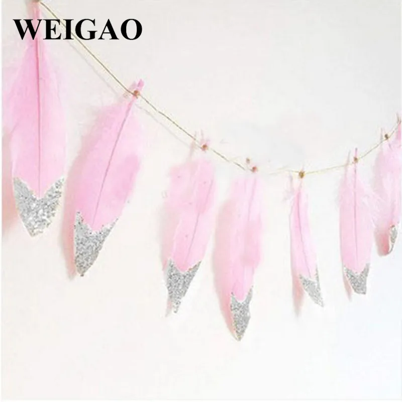 WEIGAO 13 шт./компл. 2 м белые/розовые перьевые вставки с золотыми сухие блестки гирлянды баннер для свадебного оформления украшения комнаты для девочек