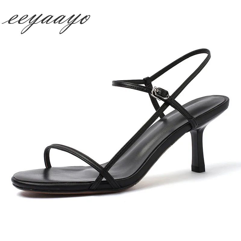 Женские босоножки из натуральной кожи на высоком тонком каблуке с пряжкой черные