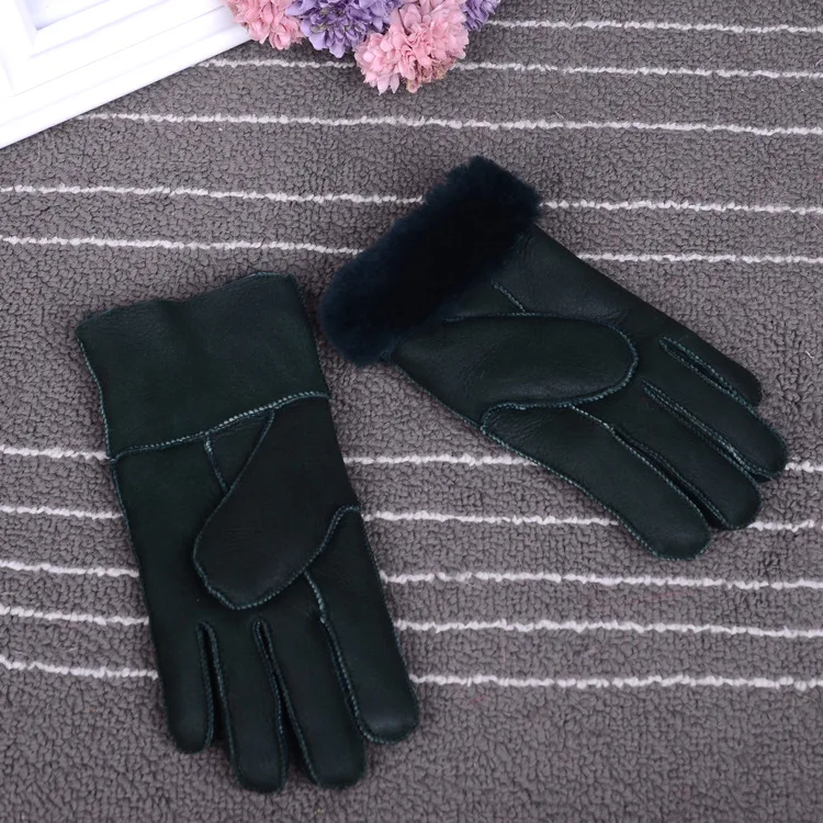 dark green Зимние перчатки, детские перчатки с натуральным мехом для детей, толстые кожаные перчатки с кроличьим мехом, шерсть, Детские российские теплые перчатки с пятью пальцами - Цвет: dark green