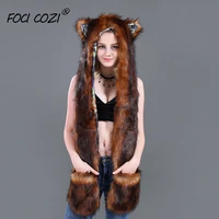 animal hat halloween costumes faux fur hoody fashion hat 3in1 brown winter accessories hat and scarf set for women free shipping