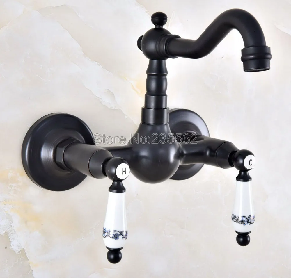 

Oil Rubbed Black Bronze Kitchen Sink Faucet Wall Mounted Double Handle Bathroom Basin Mixer Tap Cold And Hot lnf867