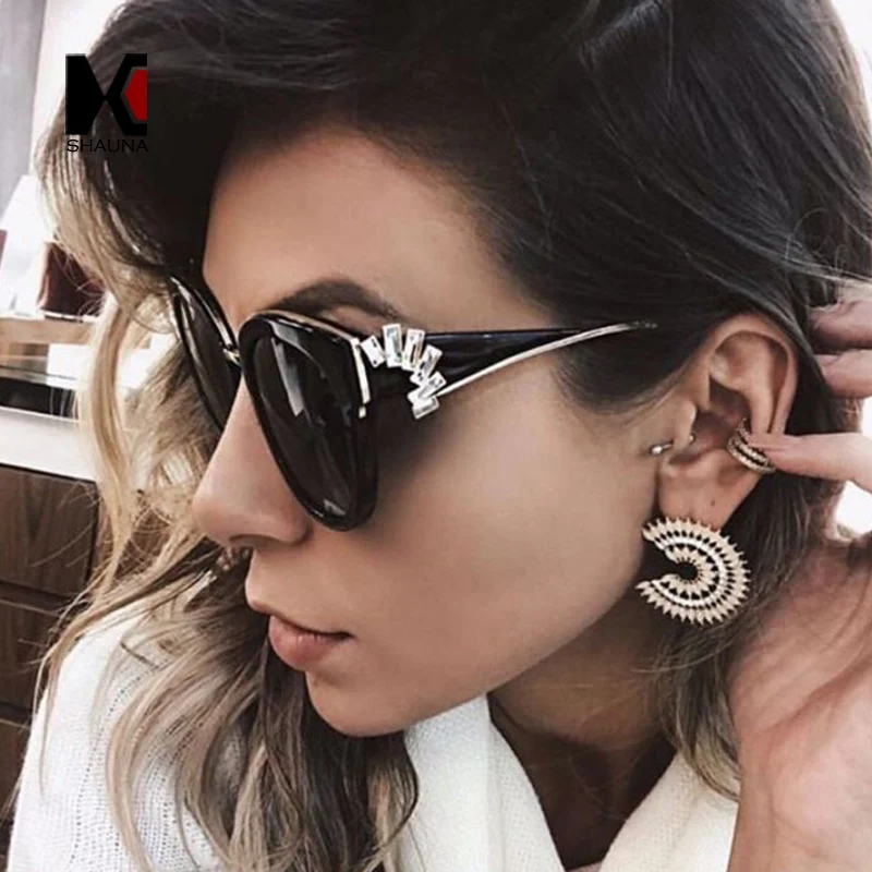 SHAUNA Luxury Crystal Decoration Women Cat Eye Sunglasses Fashion Oversize Ladies Yellow Tinted Lens Shades | Аксессуары для