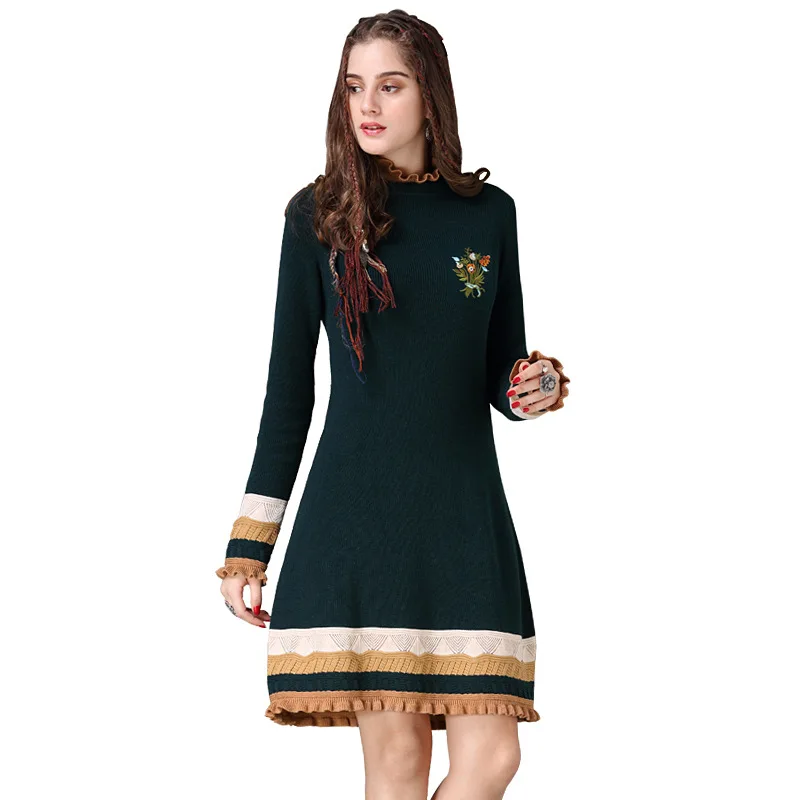 LARCI Для женщин платья 2018 Boho новый хлопок и шерсть Vestidos стенд воротник цветок