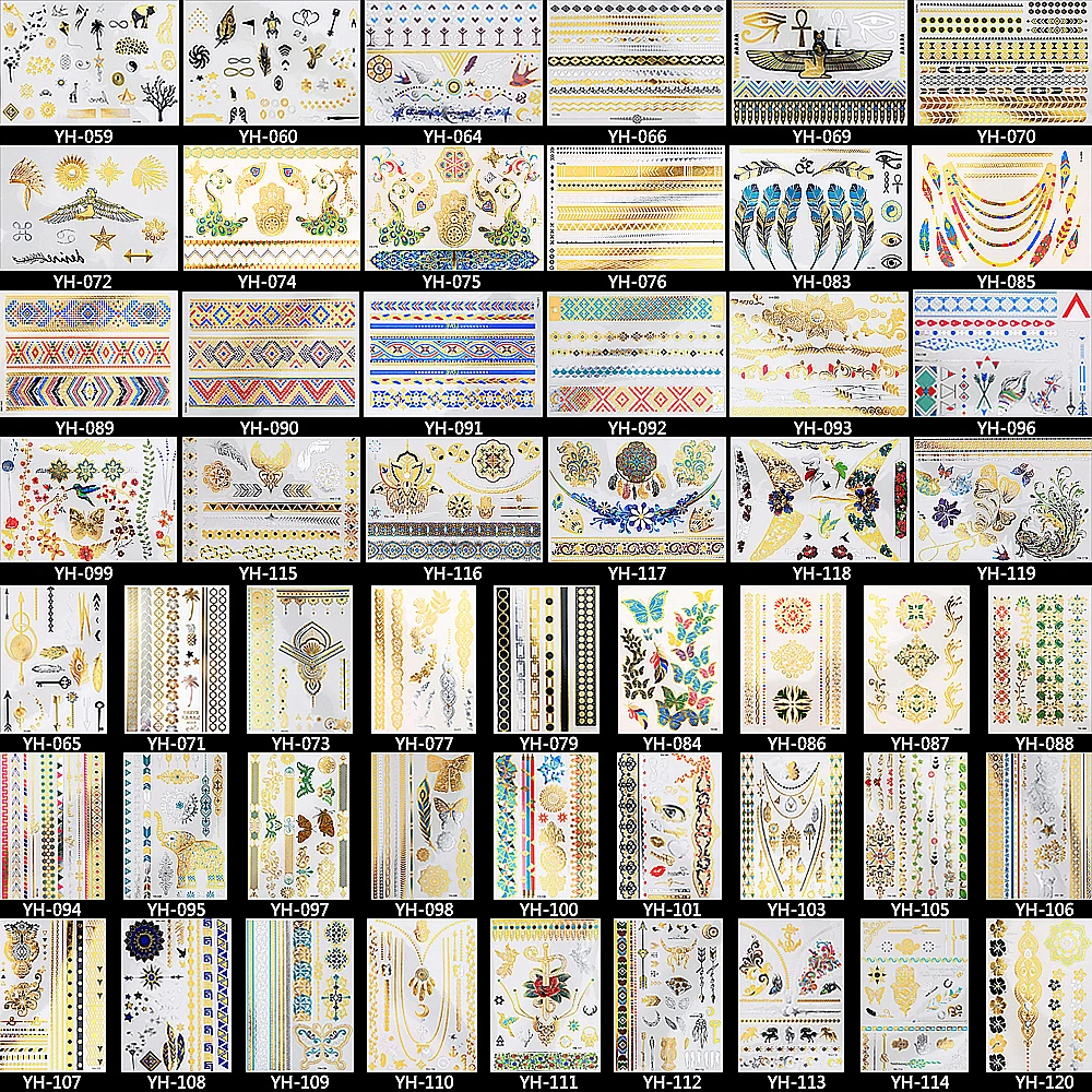 1 лист боди-арт наклейки флеш-тату металлик золото серебро временные YH-109 3D
