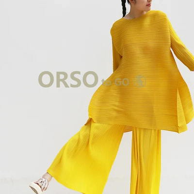 Цвет: желтый Miyake платье модное платье трапециевидной формы с О-образным вырезом три четверти - Цвет: Цвет: желтый