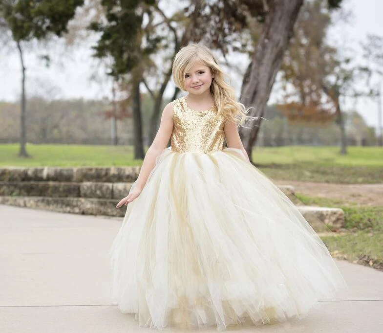 Puffy Flower Girls Dresses Ivory Champagne tulle bling Gold Sequins Top keyhole back baby Ball Gown long tutu dress for wedding | Детская