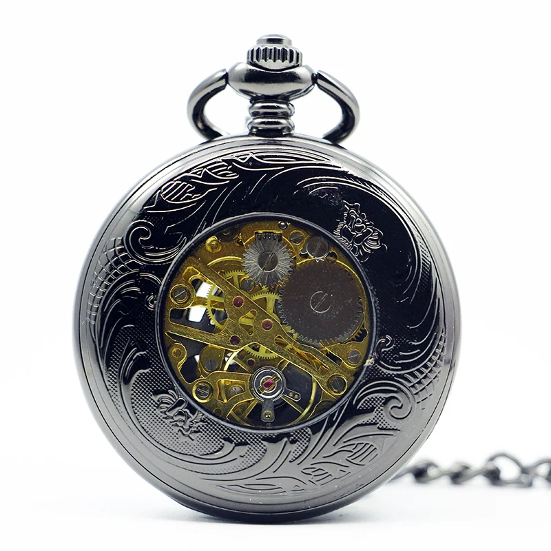 Antique Vintage Mens Steel Skeleton Roman Number Mechanical Pocket Watch Hand Wind Watches with Chain PJX1283