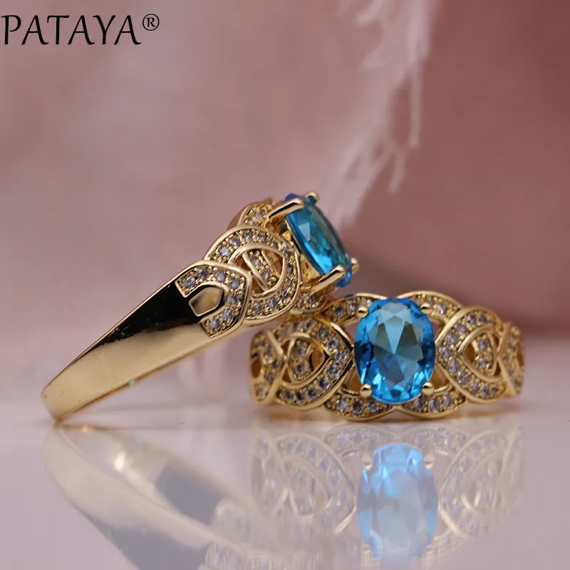 Новые роскошные женские кольца PATAYA цвета морской волны, розовое золото 585, овальный Природный Цирконий, модное ювелирное изделие для свадебной вечеринки, изящные полые кольца