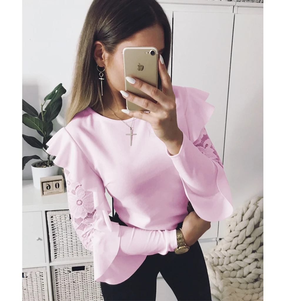 Женская Кружевная футболка с длинным рукавом и круглым вырезом | одежда