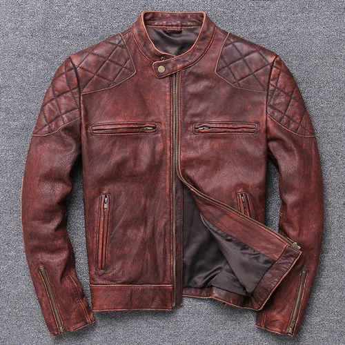 Color 4 Винтажная коричневая Мужская короткая Байкерская кожаная куртка размера плюс XXXL из натуральной воловьей кожи Весенняя приталенная мотоциклетная куртка - Цвет: Color 4